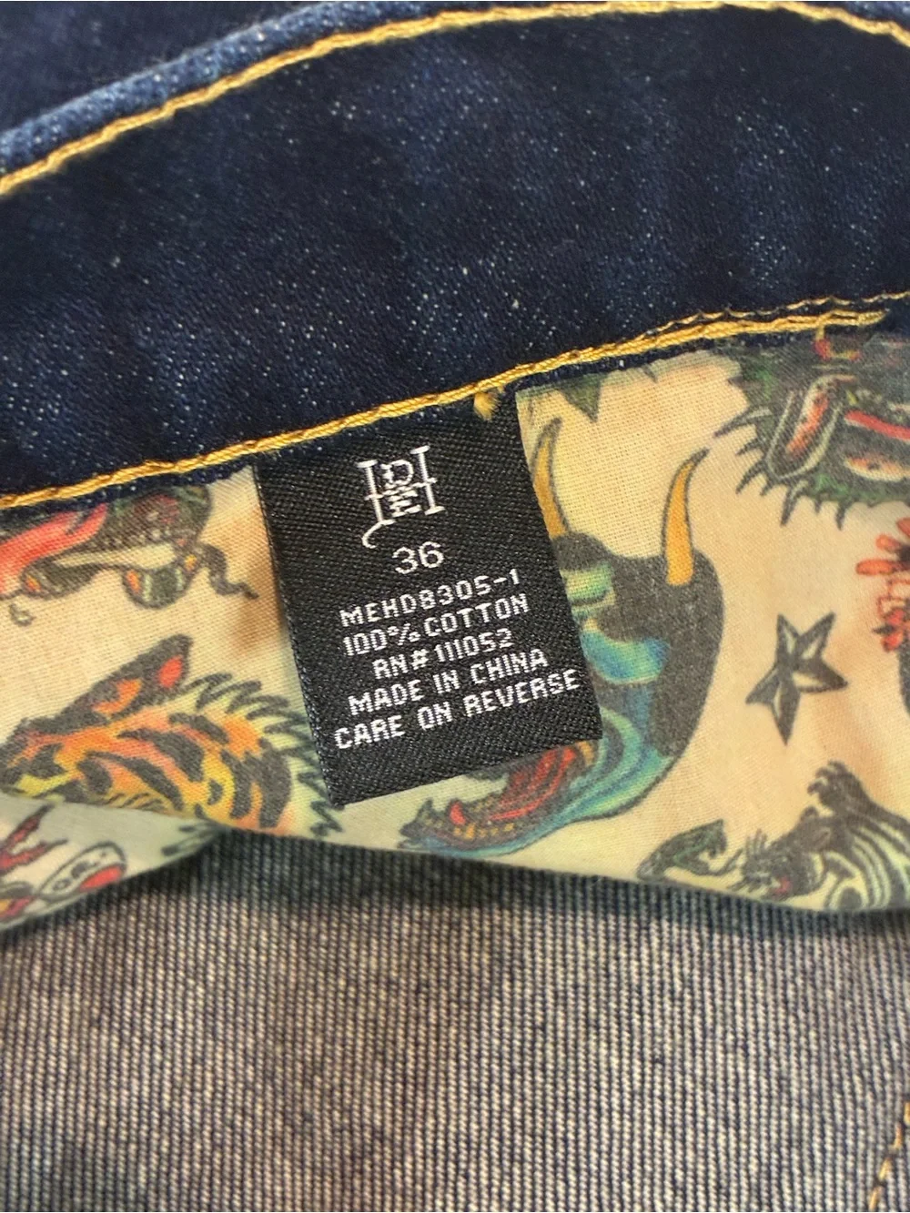 Ed Hardy Dark Blue Jeans with Yellow Script and Neon Skull Artwork
